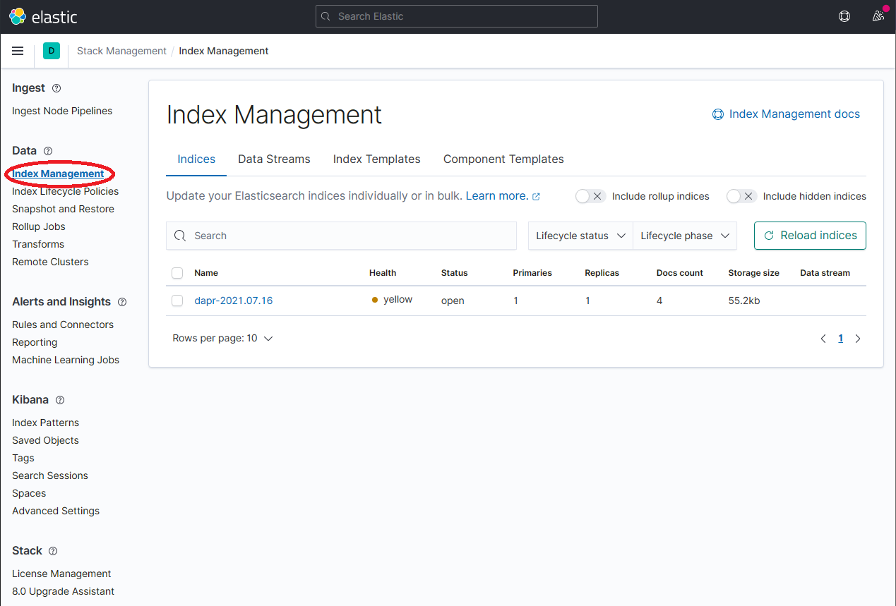 Kibana Stack Management 页面上的 Index Management 视图
