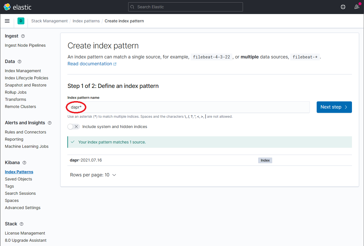 Kibana 定义索引模式页面