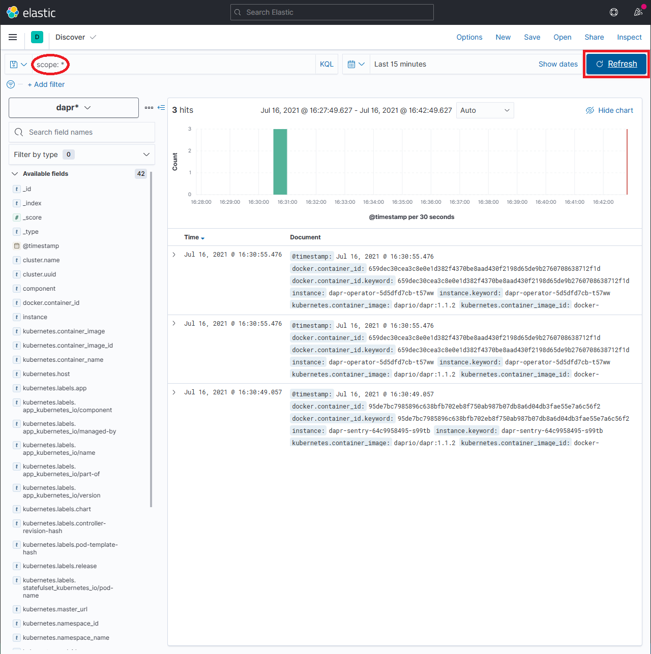 在 Kibana Analytics Discover 页面中使用搜索框