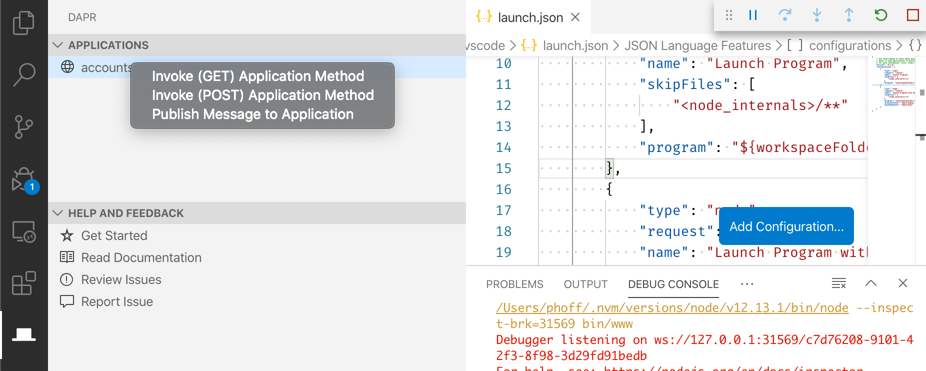 Dapr VSCode 扩展视图运行应用程序选项的截图
